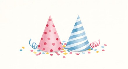 Festive party hats with confetti and streamers on a white surface celebrate a joyful event.
