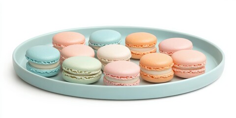 Obraz premium Macarons in pastel hues, plate, isolated with white background