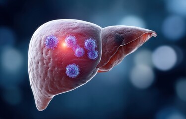 A detailed illustration of a human liver, highlighting viral infections with glowing elements against a blurred blue background.