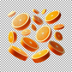 A floating slices of orange in various orientations, Dynamic and Fresh Orange Slices in Motion on transparent background, png, psd

