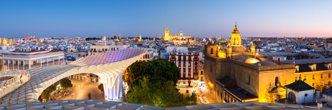 Panoramic of the city of Seville at dusk, Andalusia, Spain