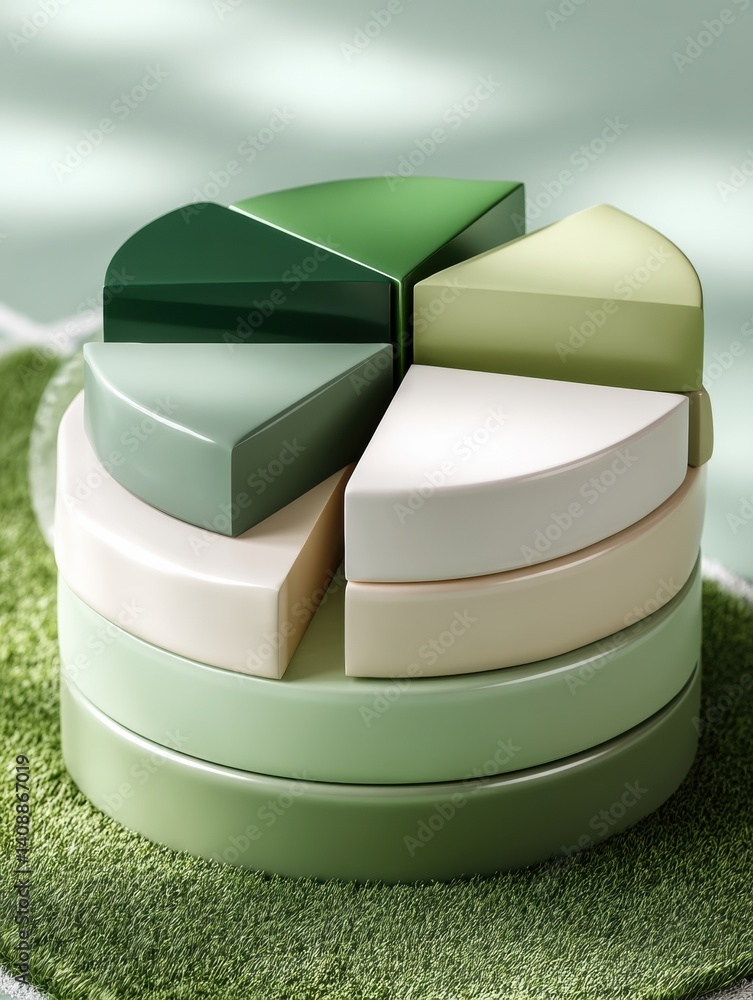 Poster Minimalist Data Visualization Sculptural Pie Chart in Sage Green Palette - Innovative Business Analytics for Strategic Decision-Making Frameworks