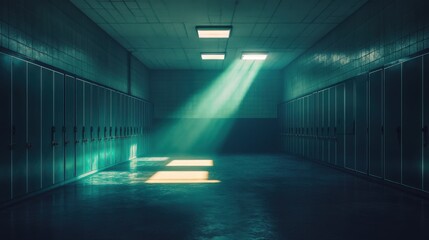 A lonely, dark sports locker room cubicle, with soft, atmospheric lighting casting long shadows 