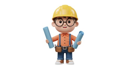 Animated construction worker holding blueprints, wearing a hard hat, tool belt, and overalls.