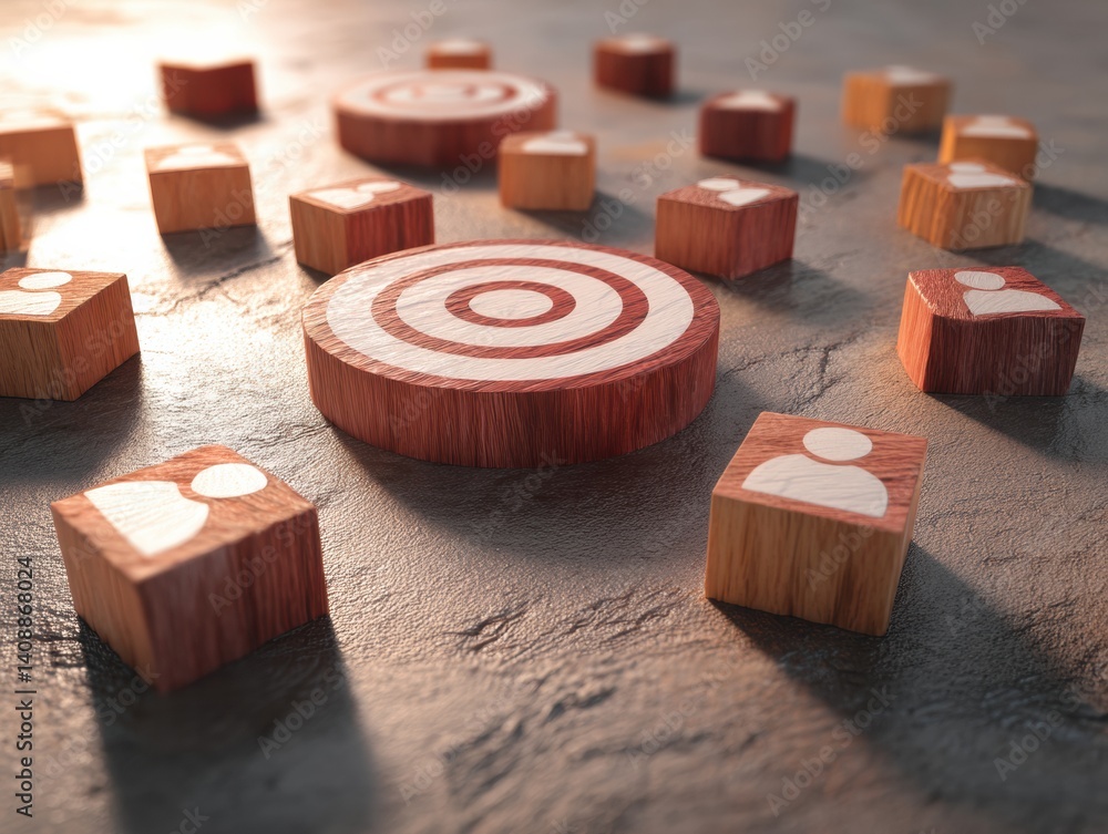 Aufkleber Strategic Precision Minimal Wooden Blocks Visualizing Customer-Centric Business Analytics with Adaptive Target Mapping and Modular Design Innovation