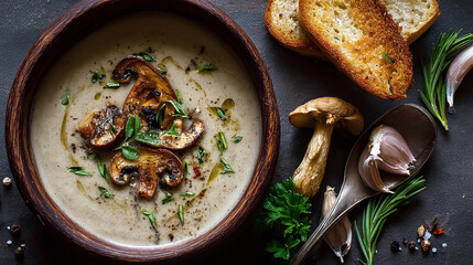 Creamy Mushroom Soup with Truffle Oil and Fresh Herbs