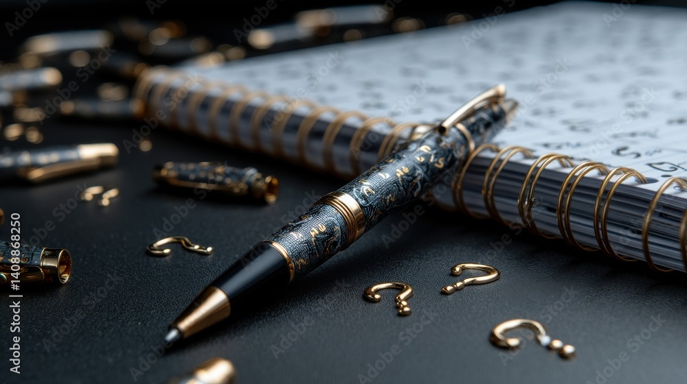 Poster A pen is on top of a notebook with a lot of questions written on it