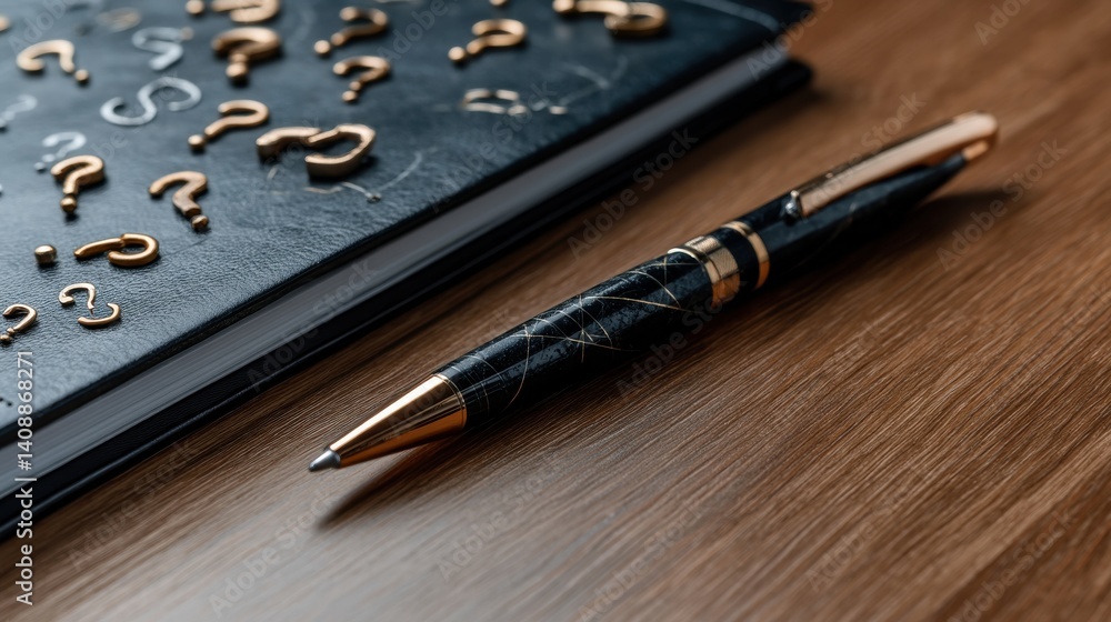 Aufkleber A pen is sitting on a table next to a notebook with many questions written on it