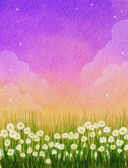 Background of a flower field with a pastel sunset painting
