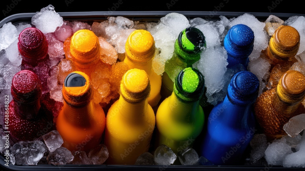 Aufkleber A row of colorful bottles of beer are in a cooler filled with ice