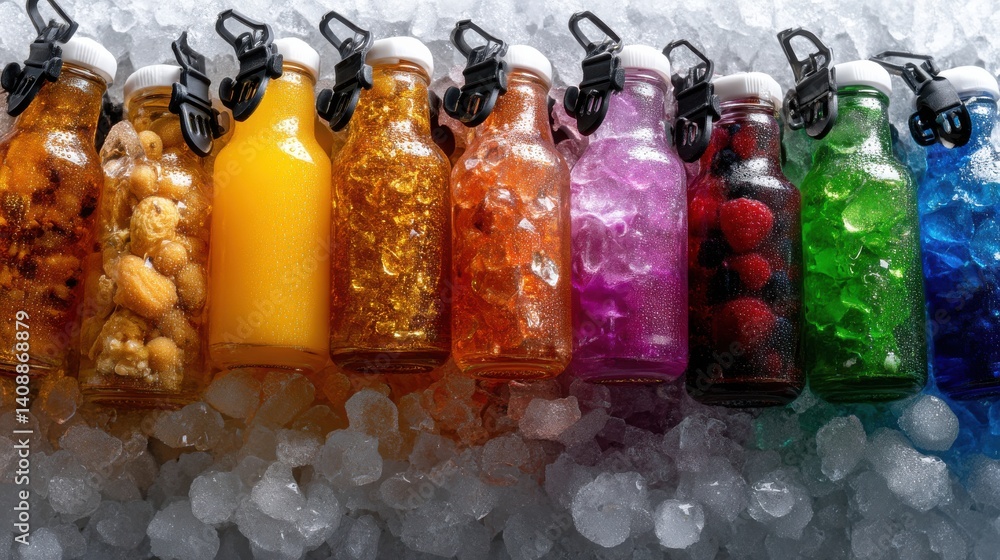 Poster a row of colorful bottles with a blue bottle in the middle