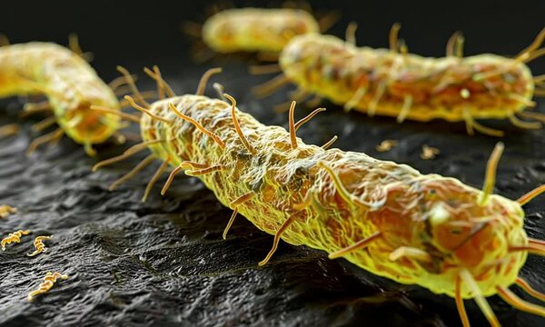 A close-up rendering of rod-shaped bacteria with protruding filaments, on a dark surface.