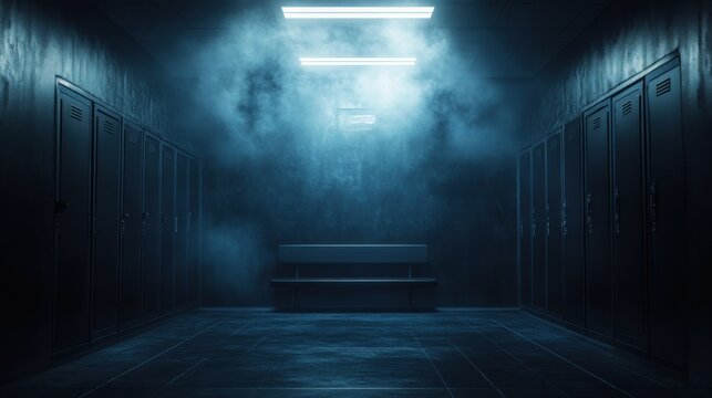 A shadow-filled, dark sports locker room cubicle with moody lighting highlighting the bench and empty lockers
