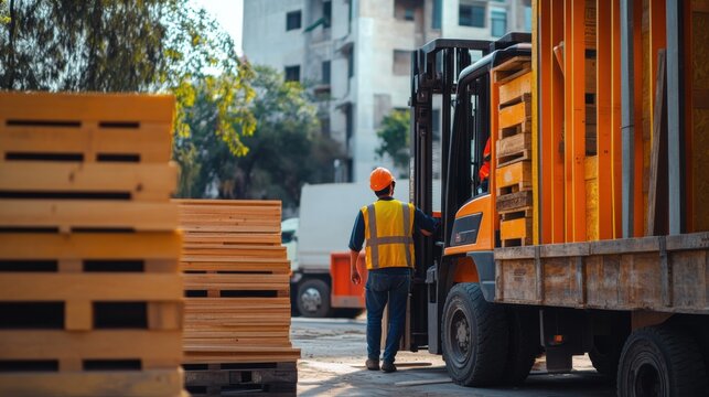 A construction worker unloading construction materials from a truck. Featuring site logistics and material handling