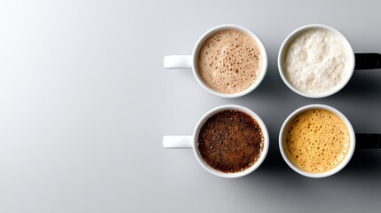 Four white coffee cups with different flavors of coffee