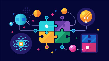 A glowing puzzle with pieces representing different types of data and a quantum particle adding the final piece showcasing the role of quantum computing in solving intricate data. Vector illustration
