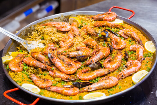 Seafood paella at La Boqueria market, Barcelona, Spain
