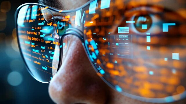 Digital Visionary: A Close-Up of a Man Wearing Smart Glasses Displaying Data Streams