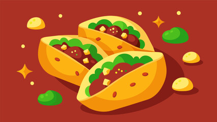 Golden brown pockets of heaven bursting with tender beef corn and peas in a zesty tomato sauce.. Vector illustration