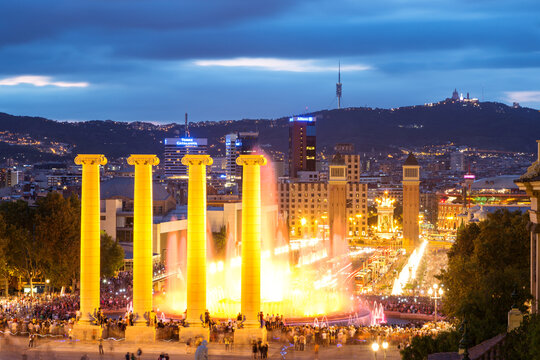 City of Barcelona with font Magica at night, Spain