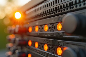 Sunset reflection on server rack technology data center close-up digital environment macro view innovation in computing