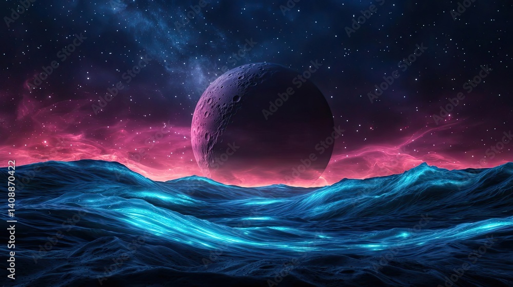 Poster landscape of alien planet with glowing oceanic and craters concept. a mesmerizing cosmic landscape w