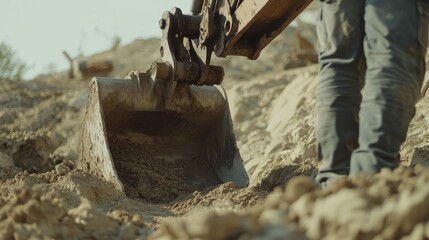 A construction worker operating a backhoe on a site. Featuring heavy machinery and excavation