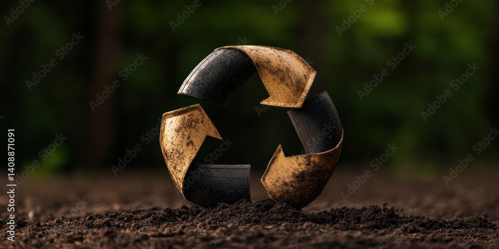 Aufkleber circular economy storytelling rustic recycling symbol with metallic texture emerging from organic so