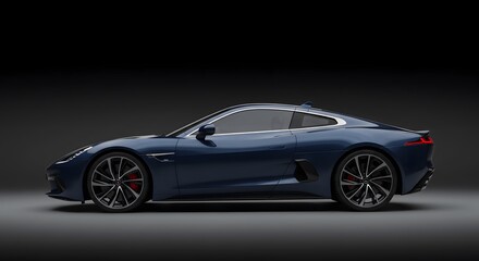 Sleek dark blue sports car showcased in profile against a dark background highlighting its design and aerodynamic features.