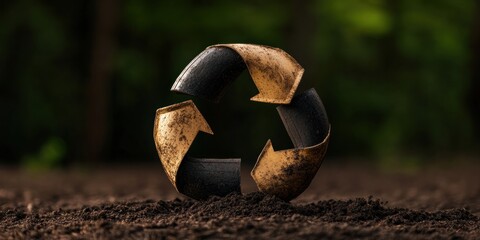 Circular Economy Storytelling Rustic Recycling Symbol with Metallic Texture Emerging from Organic Soil - Sustainable Design Narrative for Environmental Branding