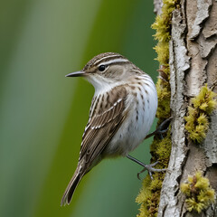 Fototapeta premium Short-toed treecreeper (Certhia brachydactyla). Songbird with streaked and spotted brown above, whitish underparts. Long stiff tail and thin bill curved downward