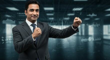 Confident Businessman Celebrating Success with Financial Data Visualizations