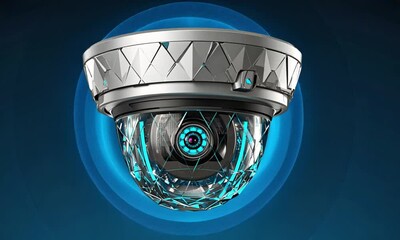 A futuristic, diamond-faceted security camera with neon blue light and a dark blue background.