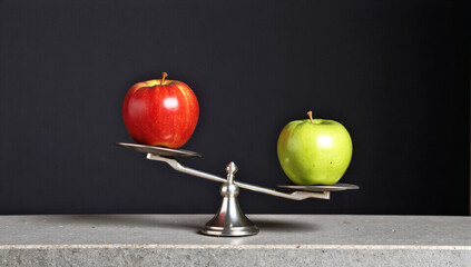 Red and Green Apples Balanced on Scales, Fresh, Healthy, Organic, Diet, Nutrition, Weight Loss, Balance Concept, Dark Concrete Background, Copy Space