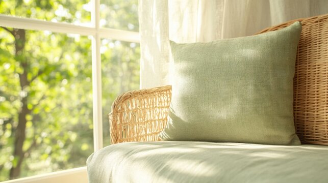Cozy afternoon relaxation with a soft green pillow sunlit room interior decor natural light serene atmosphere comfort and tranquility