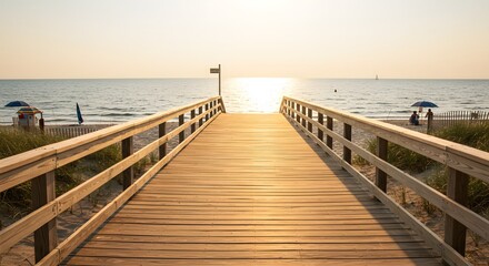 Golden boardwalk leading to the tranquil ocean at sunset, promising a peaceful coastal getaway at a serene beach.