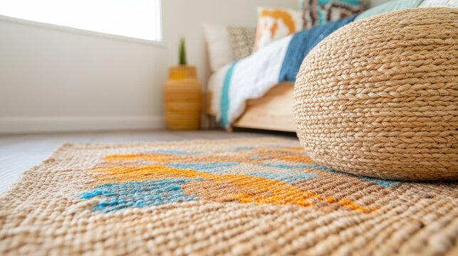 Home decor inspiration cozy bedroom with stylish jute rug and pouf modern interior design natural lighting warm atmosphere