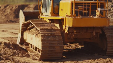 A construction worker operating a bulldozer on a construction site. Featuring machinery control and strength