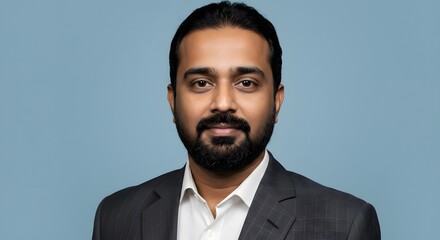 Professional headshot of a person in a suit against a plain light blue background, facing forward, with a neatly trimmed beard.