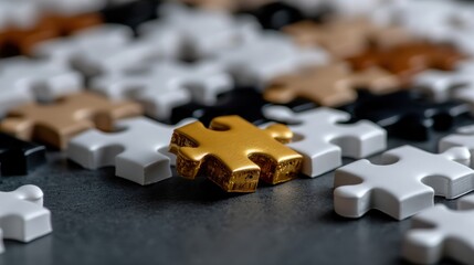 A gold puzzle piece is placed on top of a jigsaw puzzle