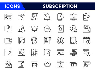 Subscription business icons such as service level agreement, churn, activation, billing, usage-based price, best customer experience, perks, and account vector thin line icons.