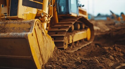 A construction worker operating a bulldozer to clear land for a new building. Featuring strength and efficiency