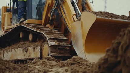 A construction worker operating a bulldozer to clear land. Featuring strength and power