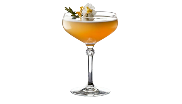 cocktail with floral garnish and ice isolated on transparent background Png format 