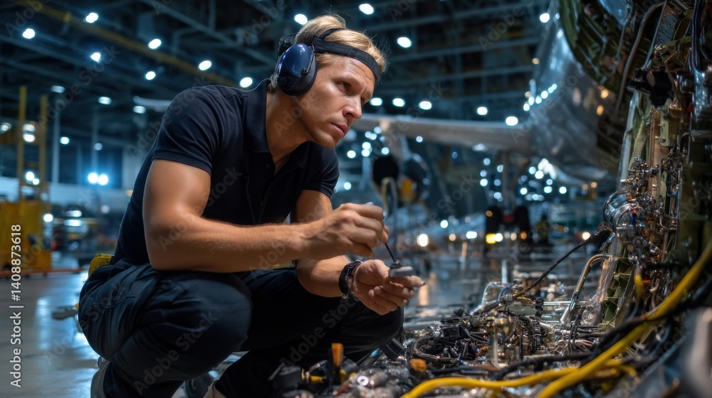 Poster a man is working on a plane engine in a factory
