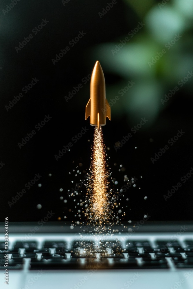 Poster Quantum Leap Digital Transformation Metallic Rocket Launch from Laptop Visualizing Disruptive Tech Innovation, AI-Powered Business Acceleration