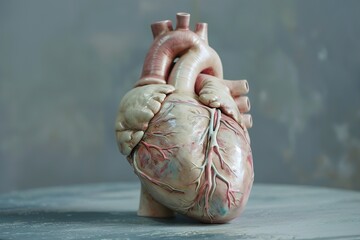 Realistic model of a human heart against a neutral background surface