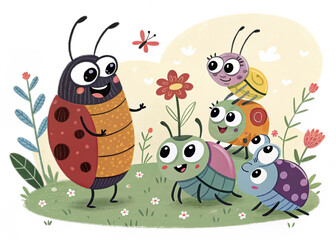 Obraz premium A Group of Cartoon Bugs with Big Eyes â€ AI GeneratedA Group of Cartoon Bugs with Big Eyes â€ AI Generated
