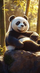 Obraz premium Giant Panda stretching limbs the sun lying on a warm rock under the soft glow of the early morning light The pandas fur glistens and the surrounding bamboo grove adds depth and serenity to the scene