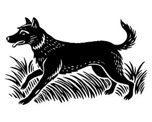 Black And White Silhouette Illustration Of A Running Dog In Grass,Vector Design,Canine Illustration,Domestic Animal,Pet